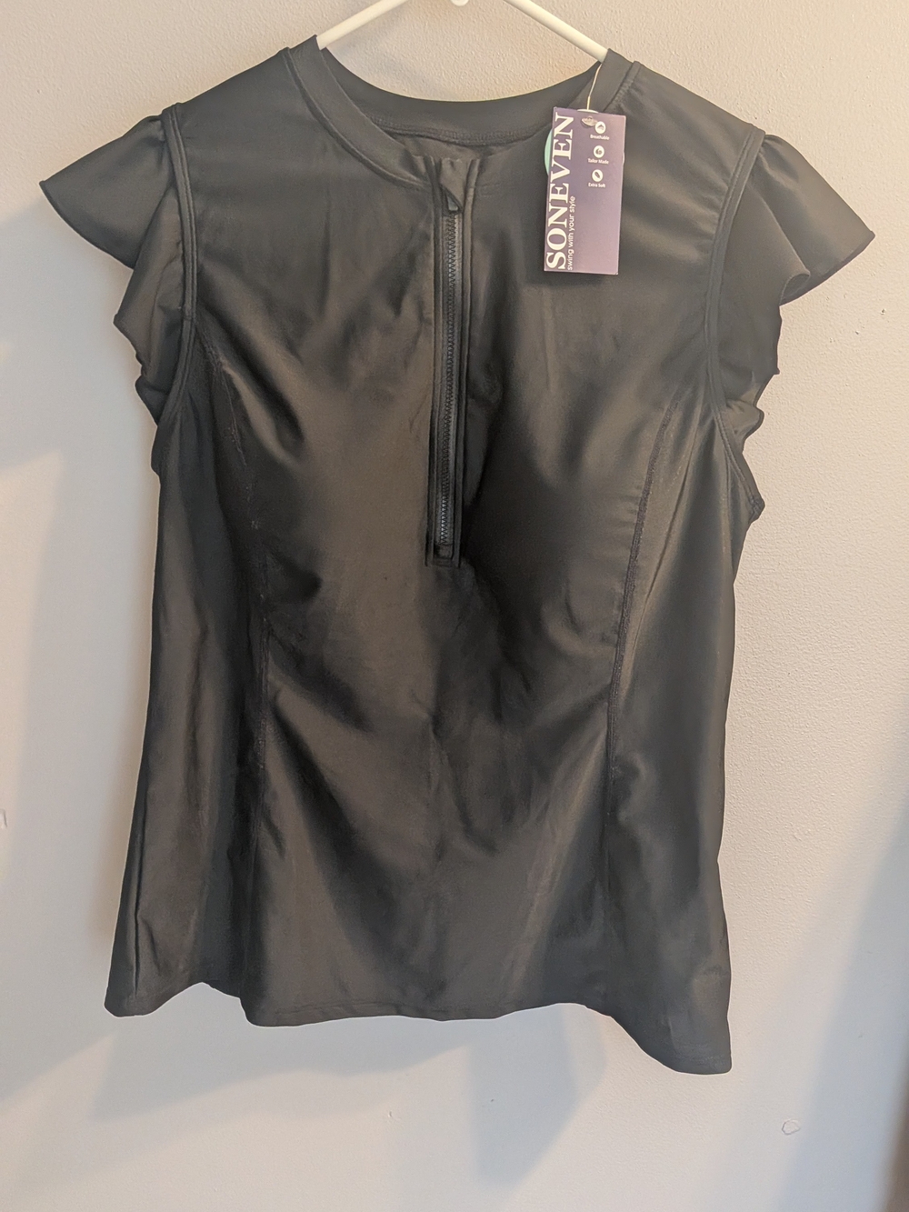 NWT Soneven Black Zip Front Ruffle Cap Sleeve Swim Tank Top XL
